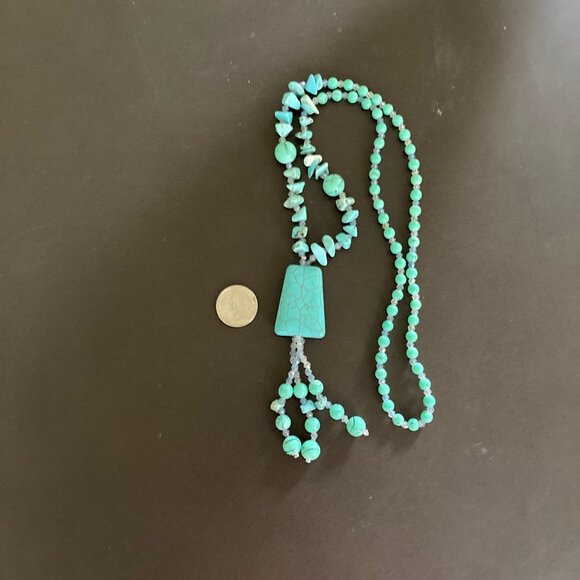 Turquoise Double Strand Chunky Necklace 66 Grams Pendant Dangle 18 Inches Hawaii - Picture 3 of 11